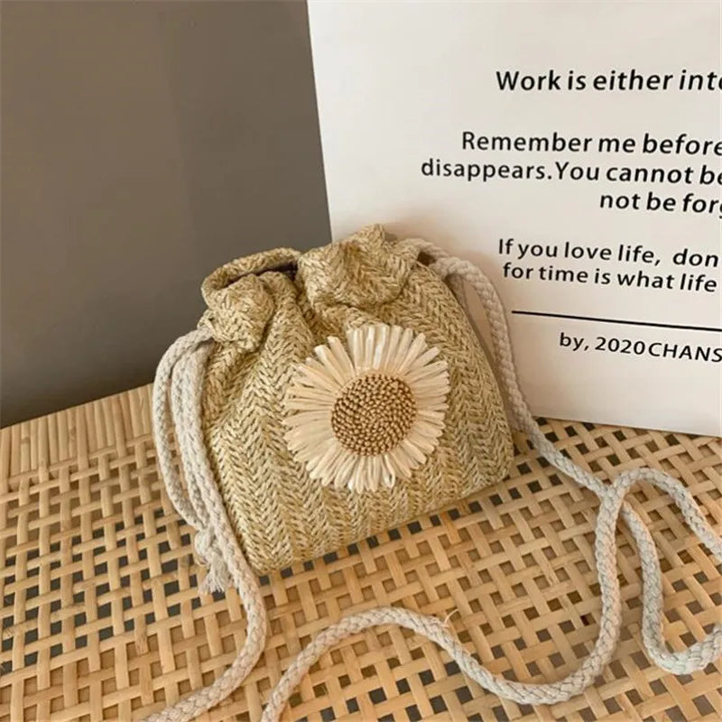 Woven Straw Mini Crossbody Bag – Flower Drawstring Bucket