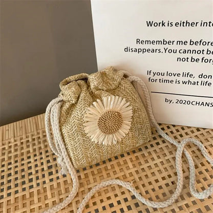 Woven Straw Mini Crossbody Bag – Flower Drawstring Bucket