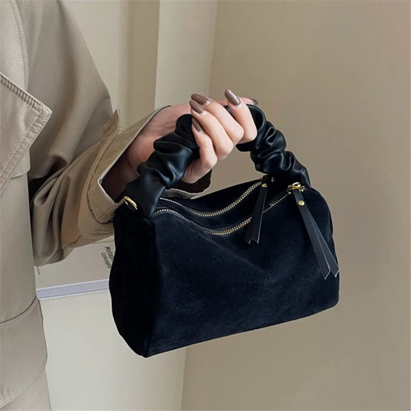 Faux Suede Crossbody Bag – Women's Vintage Ruched Handle Handbag