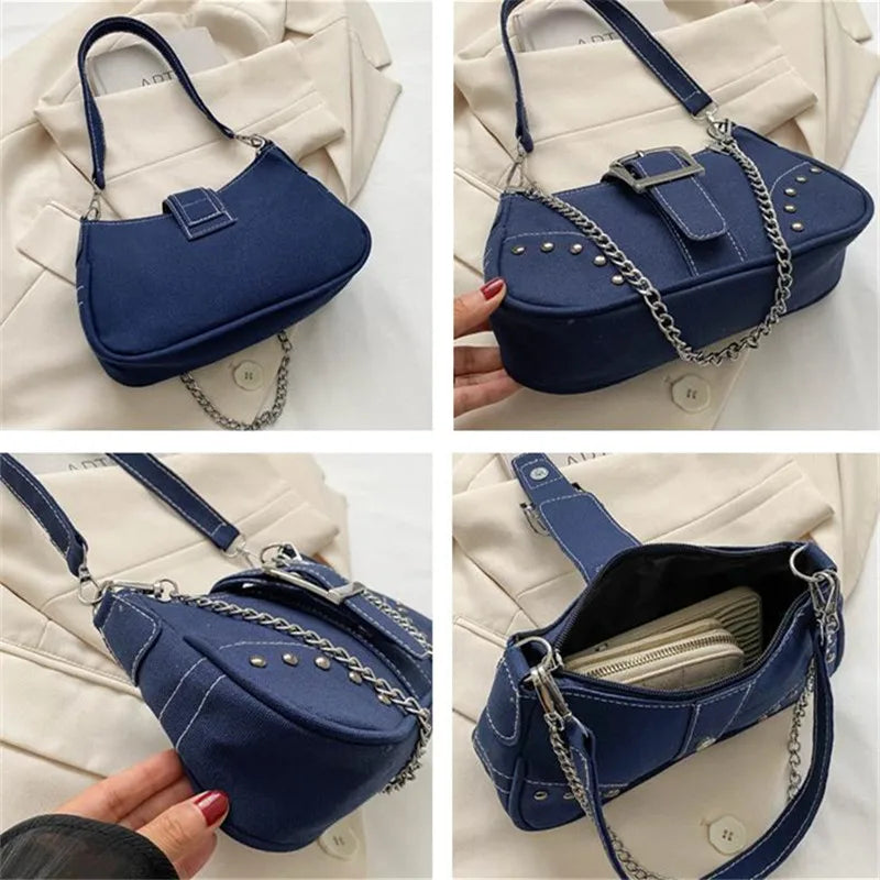Retro Underarm Shoulder Bag – Studded Chain Crossbody Purse