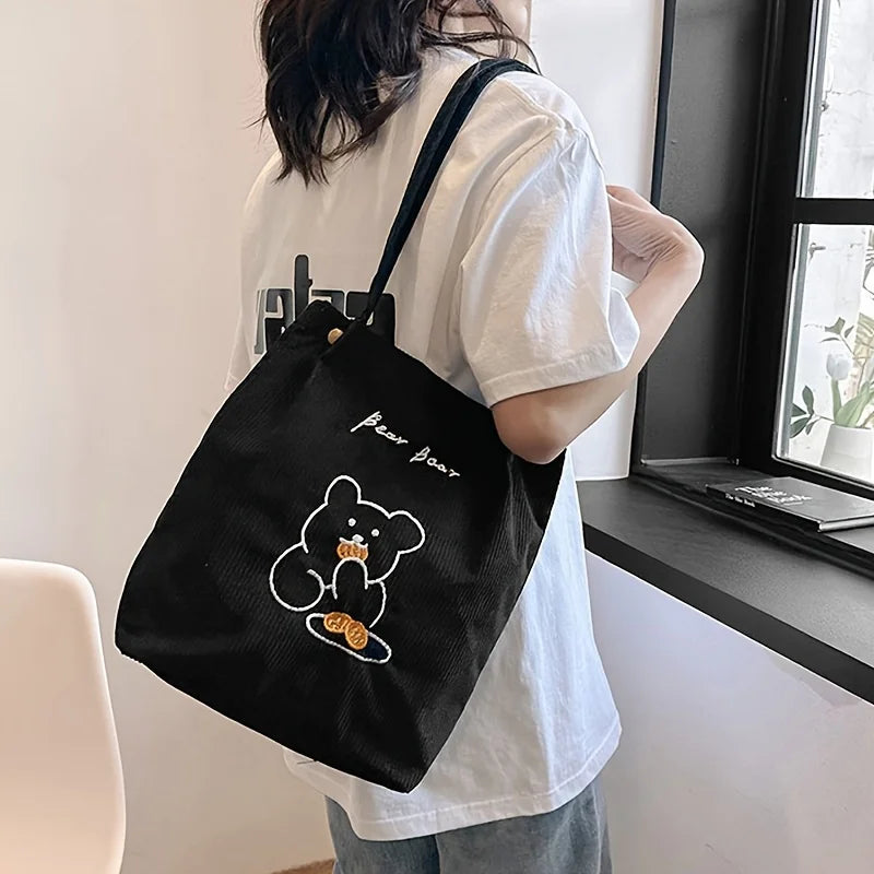 Women's Corduroy Tote Bag Cute Bear Embroidery Shoulder Bag
