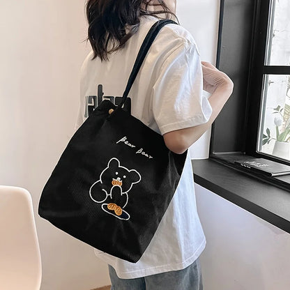 Women's Corduroy Tote Bag Cute Bear Embroidery Shoulder Bag