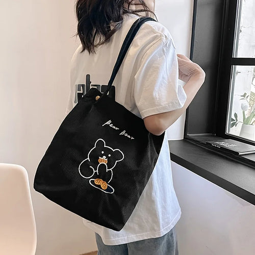 Women's Corduroy Tote Bag Cute Bear Embroidery Shoulder Bag