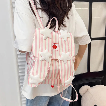 Cute Striped Drawstring Flap Large Capacity Backpack
