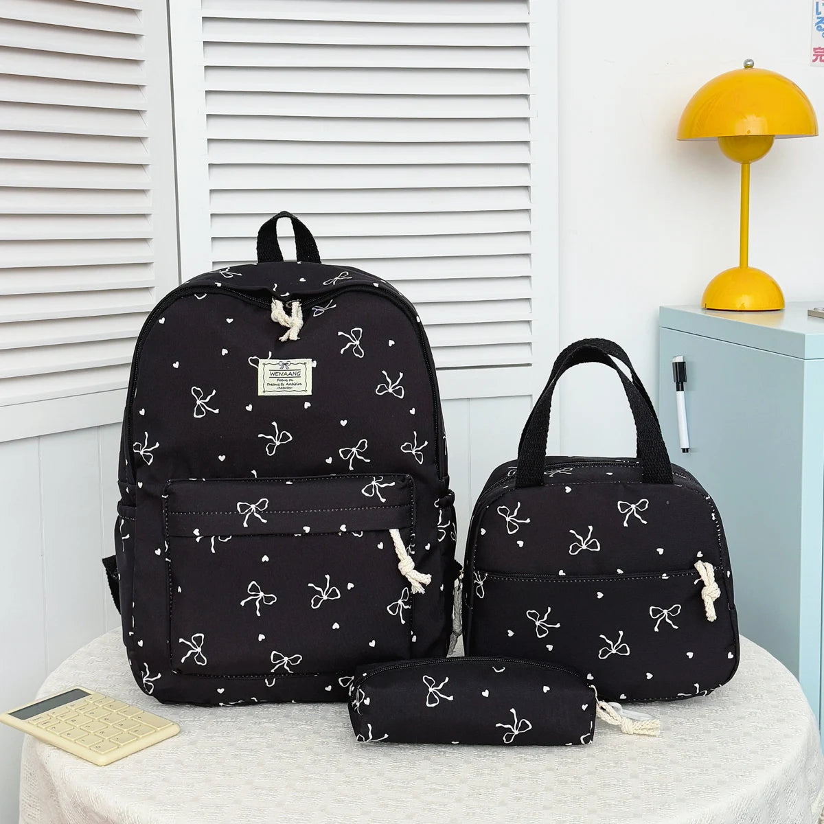 Sweet Fresh Bow Print Three Piece Backpack Set Lightweight Large Capacity College Style Campus