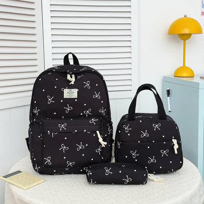 Sweet Fresh Bow Print Three Piece Backpack Set Lightweight Large Capacity College Style Campus
