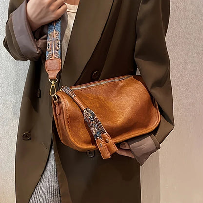 Graphic Pattern Zipper Crossbody Bag Stylish Leather Shoulder Bag Wide Strap Large Capacity Daily