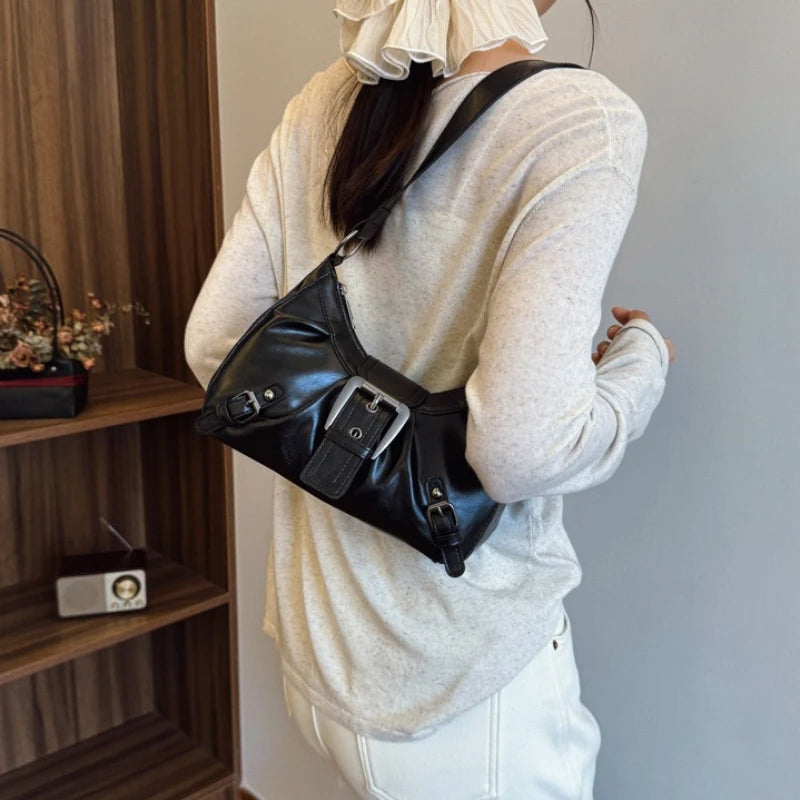 Hobo Shoulder Bag – Retro Faux Leather with Buckle Detail