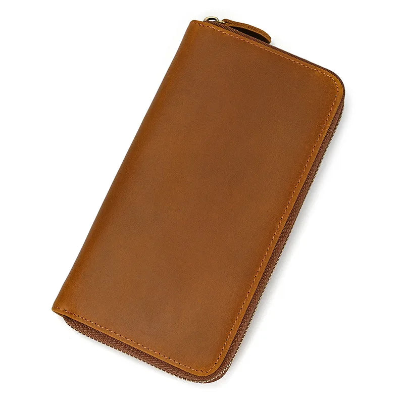 Crazy Horse Leather Long Wallet Retro Embossed Zipper Handbag Multi-Card Mobile Phone Change Storage