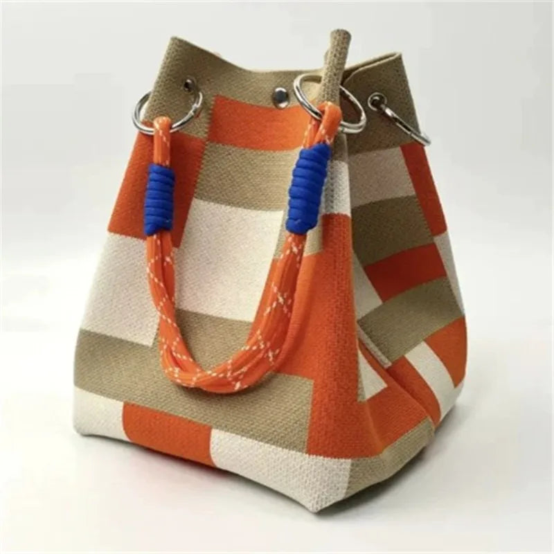 Stylish Striped Handbag Shoulder Bag Canvas Bucket Storage Tote Bags Women Casual Outings