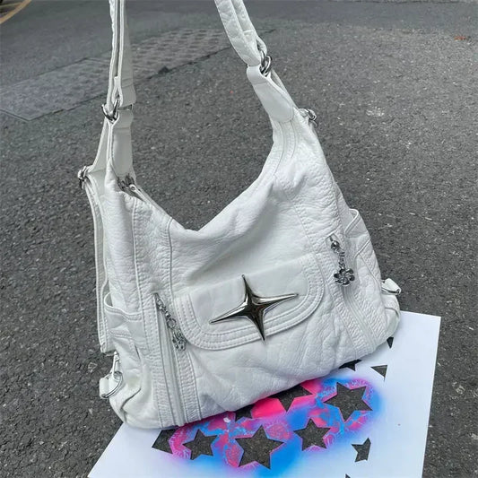 Y2k Large Capacity Shoulder Bag White Pu Leather Star Handbag American Style Punk Goth Simple