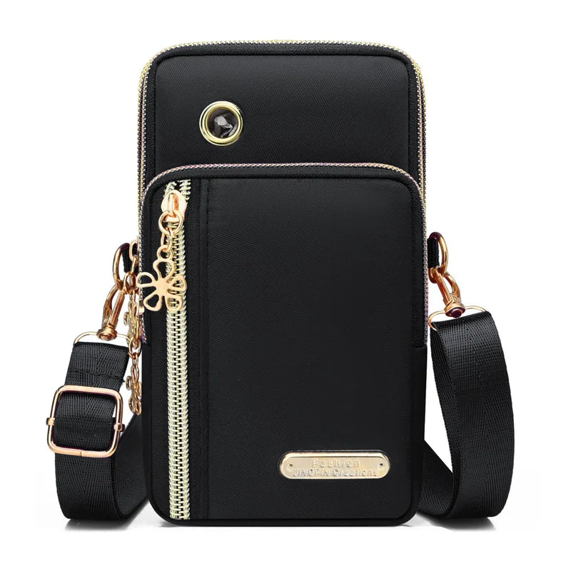 Mini Crossbody Phone Bag with Multi Zipper Pockets & Gold Hardware