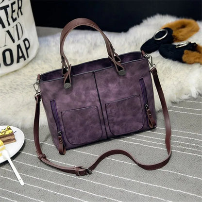 Retro Leather Tote Bag – Dual Pocket Zipper Shoulder Handbag