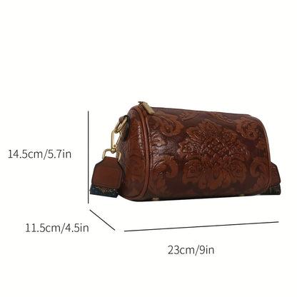 Retro Embossed Flower Leather Shoulder Bag Classic Cylinder Crossbody Bag Women Daily Use Party Work