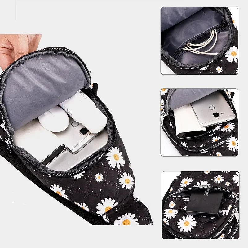 Quilted Sling Crossbody Bag with Adjustable Strap & Multi-Zip Pockets