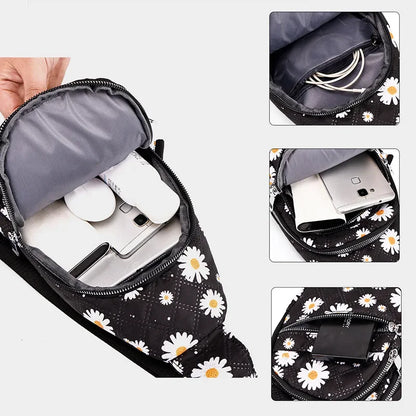 Quilted Sling Crossbody Bag with Adjustable Strap & Multi-Zip Pockets