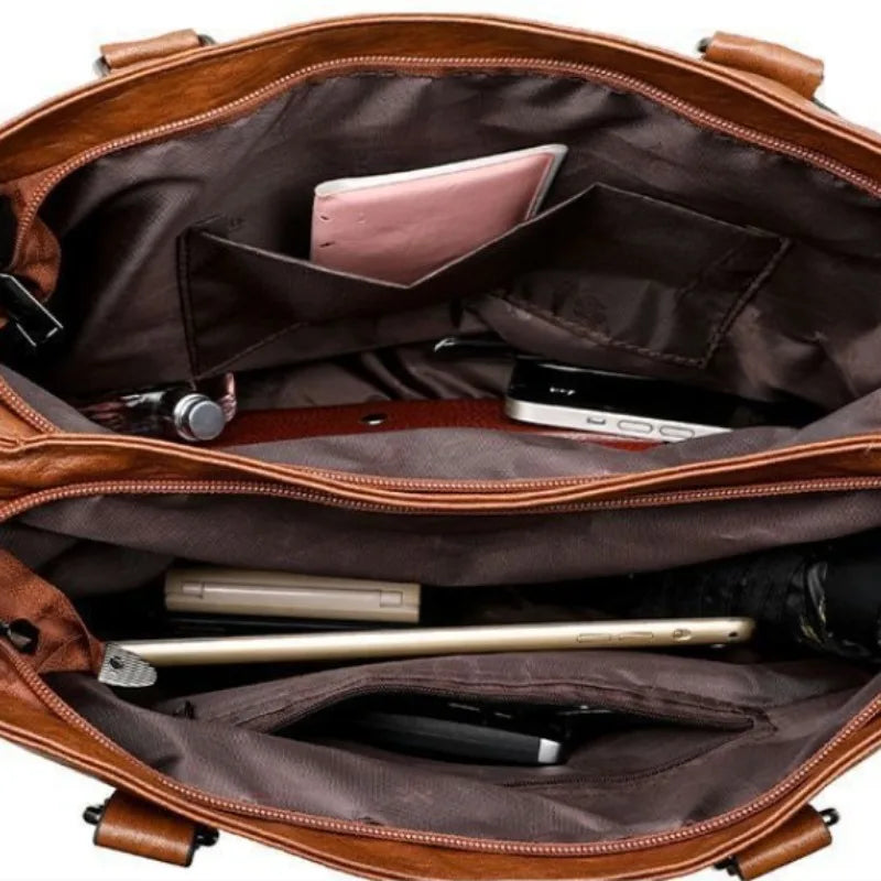 Leather Tote Bag for Women – Multi-Pocket Shoulder & Crossbody Handbag