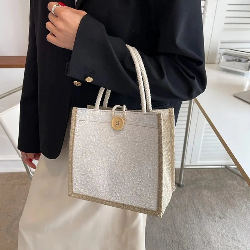 Women's Canvas Tote Bag – Floral Minimalist Handbag with Button Closure