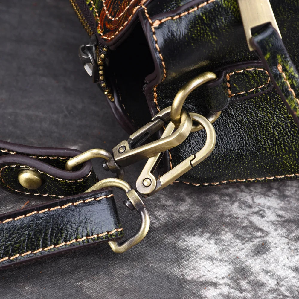 Genuine Leather Women S Single-Shoulder Bag Floral Crossbody Retro Large-Capacity High-End Hand-Held