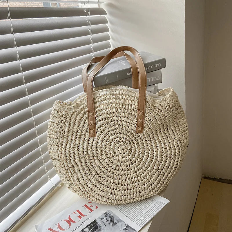 Round Straw Bag Women Handmade Crochet Beach Shoulder Tote