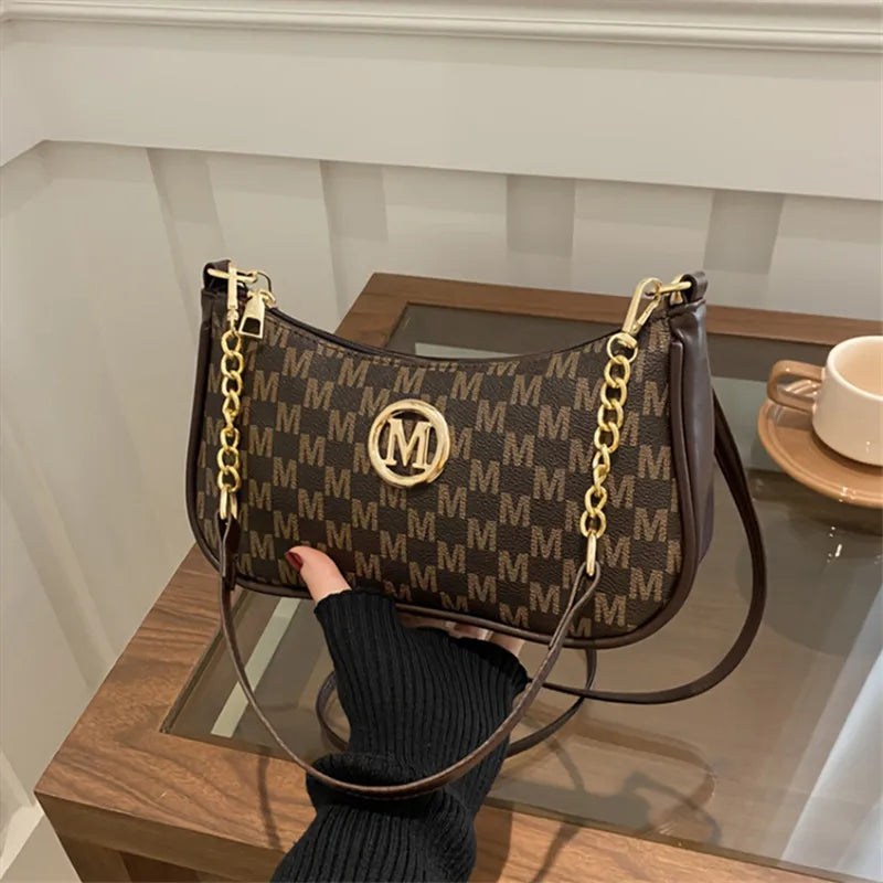 Chic Monogram Print Beige Shoulder Bag Small Crossbody Handbag Gold Chain Accent Woman Everyday