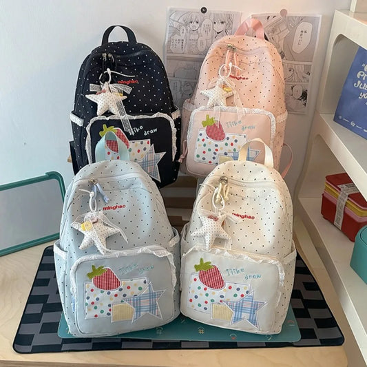 Cute Travel Bag Compact Nylon Fabric Polka Dots Strawberry Lace Trim Backpack - Sweet Student