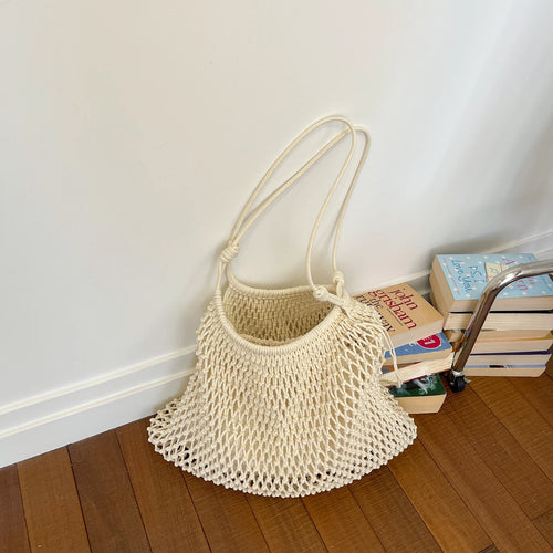 Handmade Cotton Mesh Tote Bag Large Capacity Hollow Woven Shoulder Summer Beach Vacation Shopping
