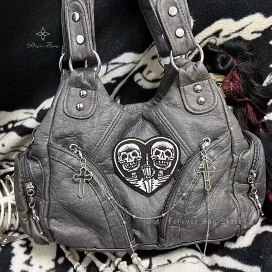 Y2K Vintage Motorcycle Shoulder Bag – Soft PU Leather with Chain & Multi-Pocket