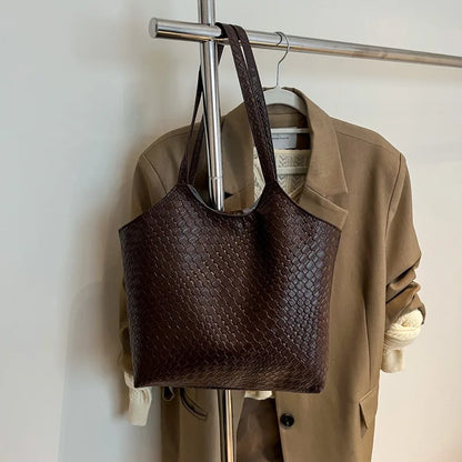 Woven Leather Tote Bag for Women – Soft Shoulder Handbag with Braided Pendant