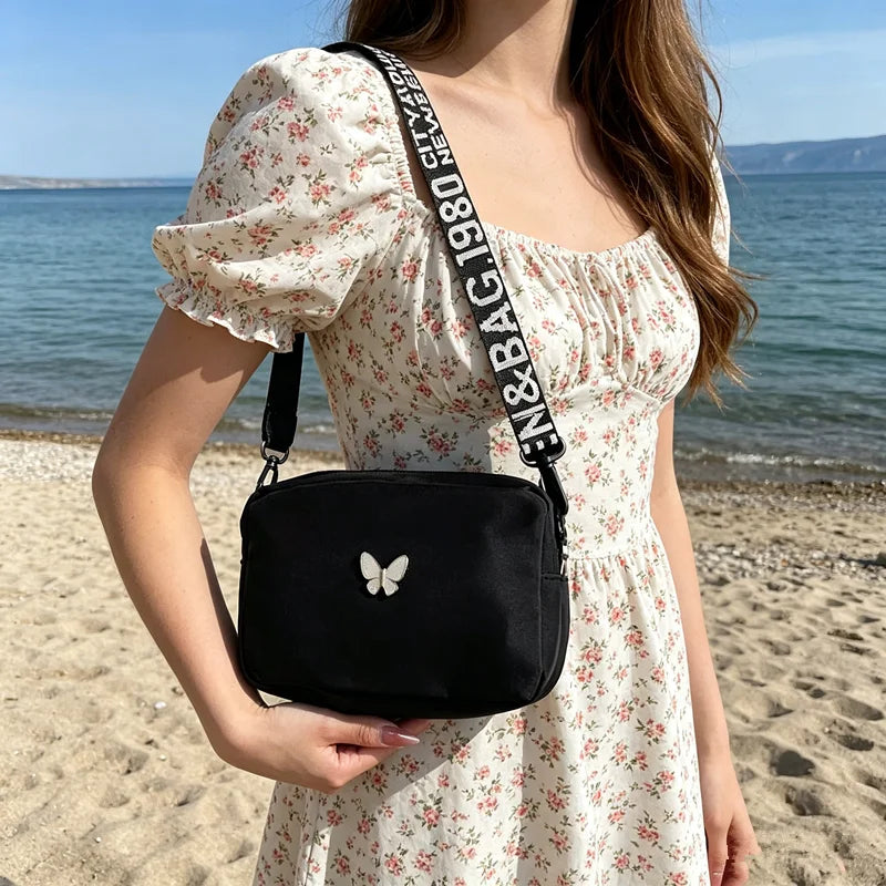 Butterfly Nylon Crossbody Bag with Wide Letter Strap – Women's Summer Shoulder Bag
