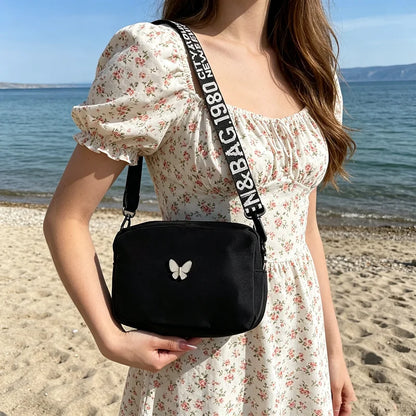 Butterfly Nylon Crossbody Bag with Wide Letter Strap – Women's Summer Shoulder Bag