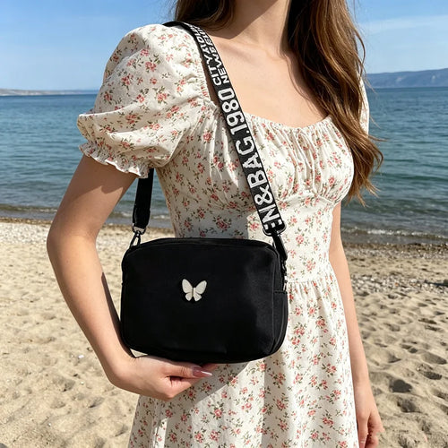 Butterfly Nylon Crossbody Bag with Wide Letter Strap – Women's Summer Shoulder Bag