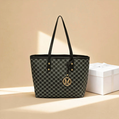 Tote Bag M Letter Print Pu Gold Pendant Decoration Zipper Large Capacity Water Resistant Shoulder