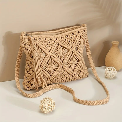 Bohemian Woven Rope Crossbody Bag with Tassel Detail