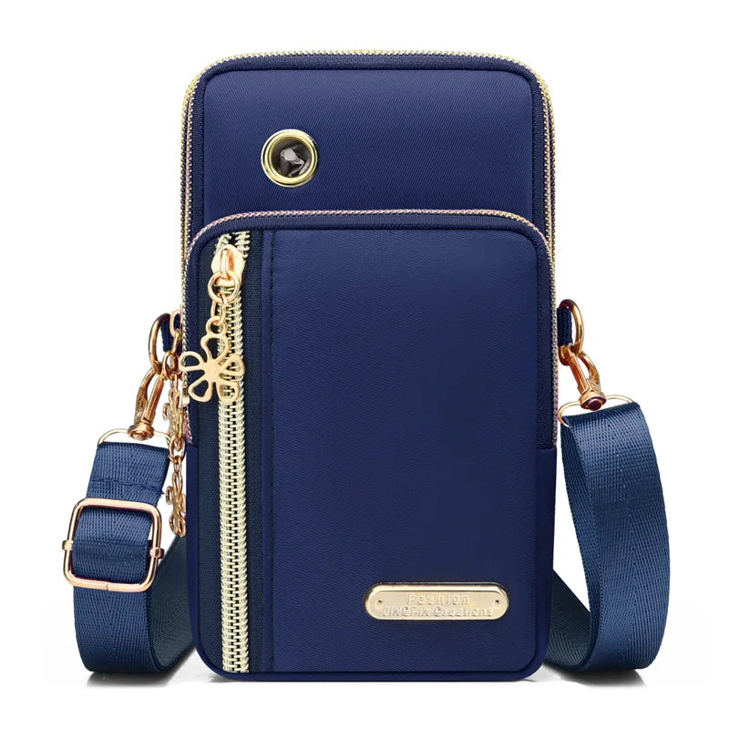 Mini Crossbody Phone Bag with Multi Zipper Pockets & Gold Hardware