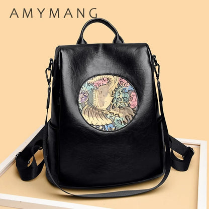 Anti-Theft Backpack with Deer & Elephant Print – 3-in-1 Waxed Leather Shoulder Bag