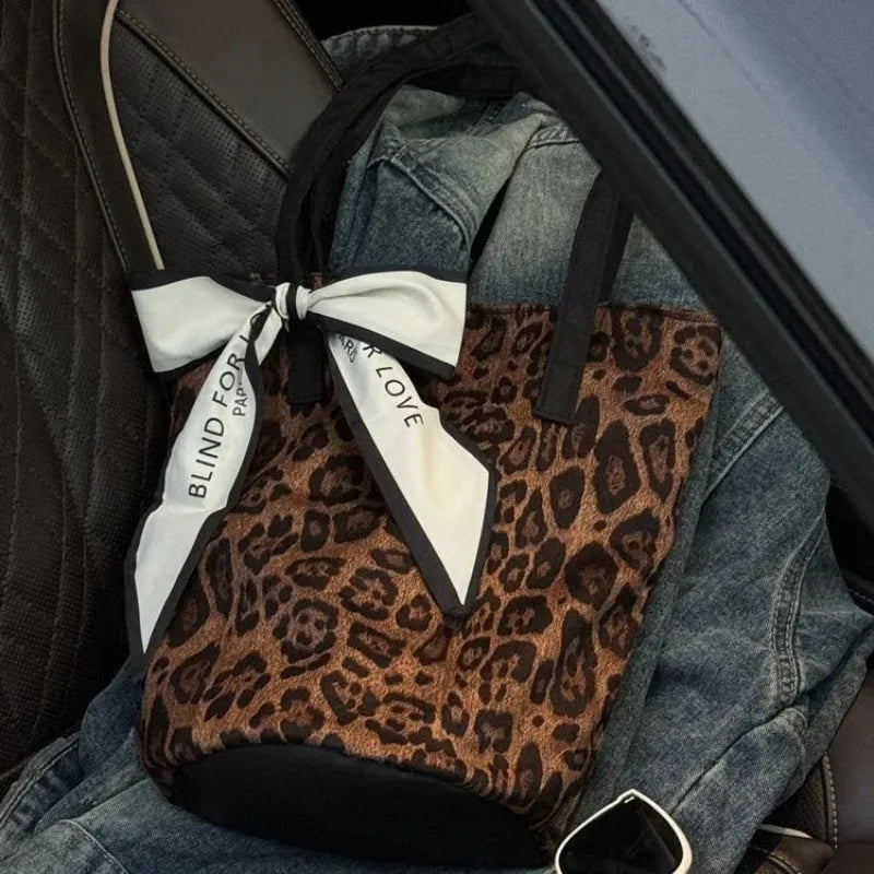 Leopard Print Tote Bag with Bow Scarf – Large Capacity Shoulder Bag