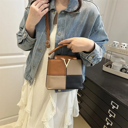 Colorblock Bucket Bag – Mini Crossbody Handbag with Gold V Accent