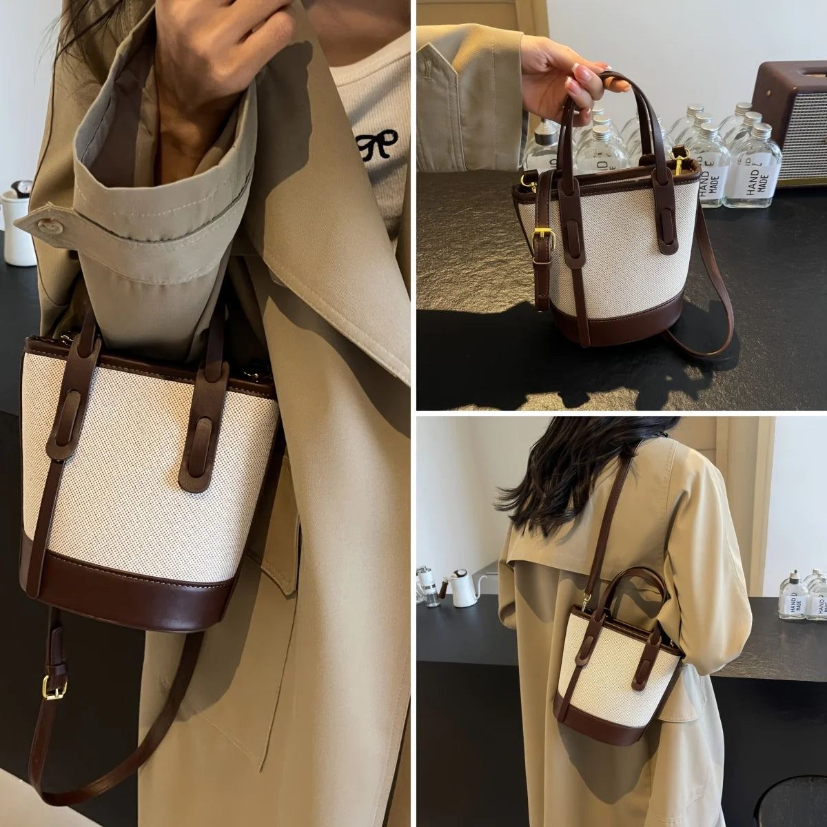 Two-Tone Canvas & Leather Bucket Bag for Women