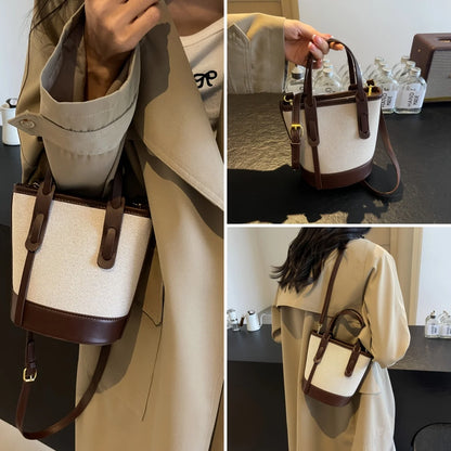 Two-Tone Canvas & Leather Bucket Bag for Women