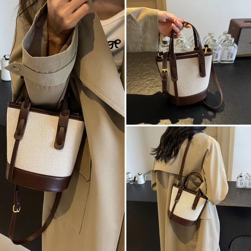 Two-Tone Canvas & Leather Bucket Bag for Women