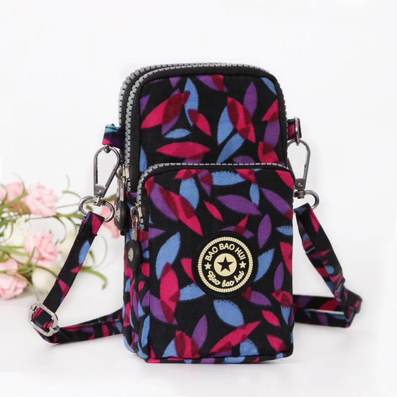 Multi Pattern Printed Crossbody Phone Bag Lightweight Nylon Purse Adjustable Strap Mini Shoulder