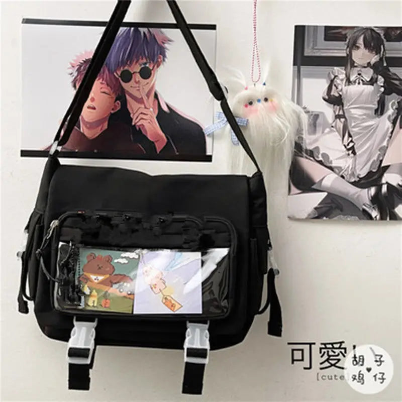 Kawaii Japanese Nylon Crossbody Bag with Transparent Pin Pocket