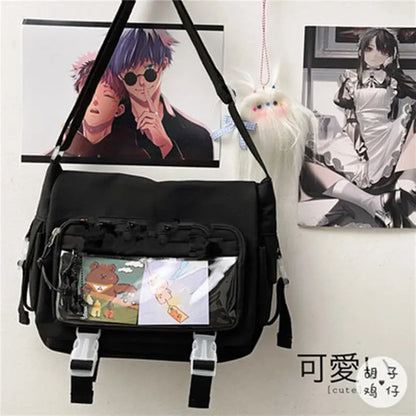 Kawaii Japanese Nylon Crossbody Bag with Transparent Pin Pocket
