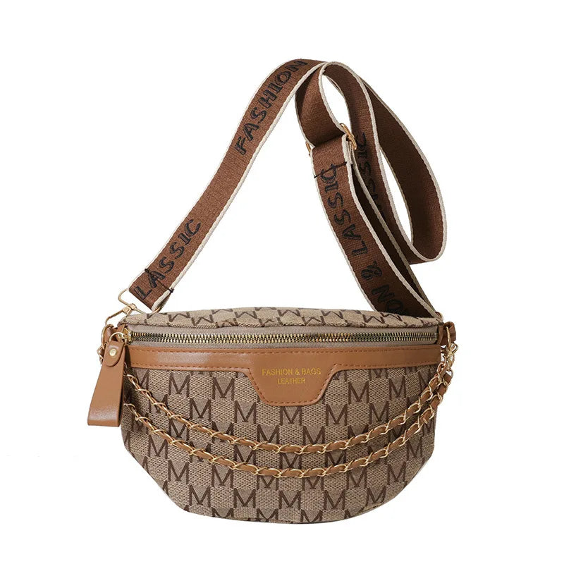 Crossbody Chest Bag with Chain Letter Pattern - Adjustable Waist Bag