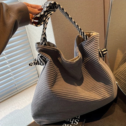 Women's Corduroy Tote Bag – Casual Shoulder Handbag with Striped Handles