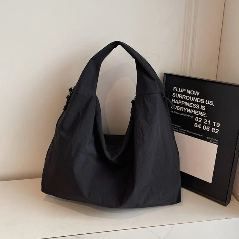 Chic Solid Color Nylon Tote Bag Multiple Zipper Pockets Large Capacity Casual Shoulder Bag College