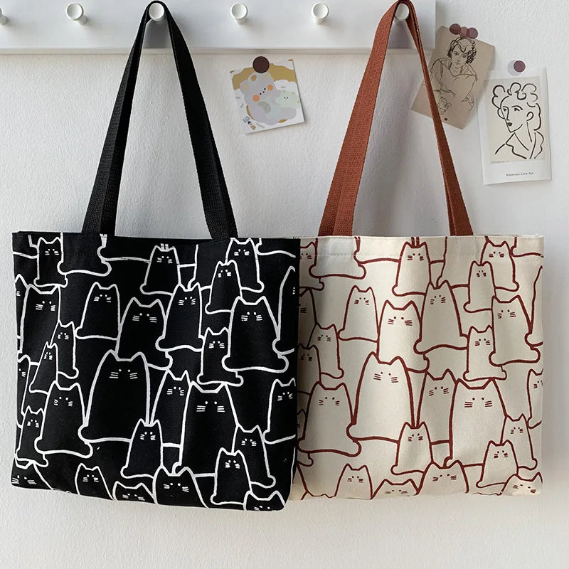 Canvas Cat Print Tote Bag – Large Cute Shoulder Bag for School