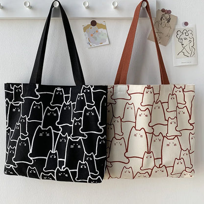 Canvas Cat Print Tote Bag – Large Cute Shoulder Bag for School