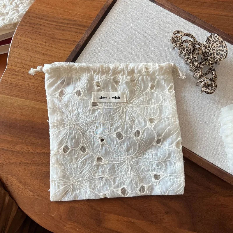 Lace Drawstring Makeup Pouch – Vintage Floral Hollow Design